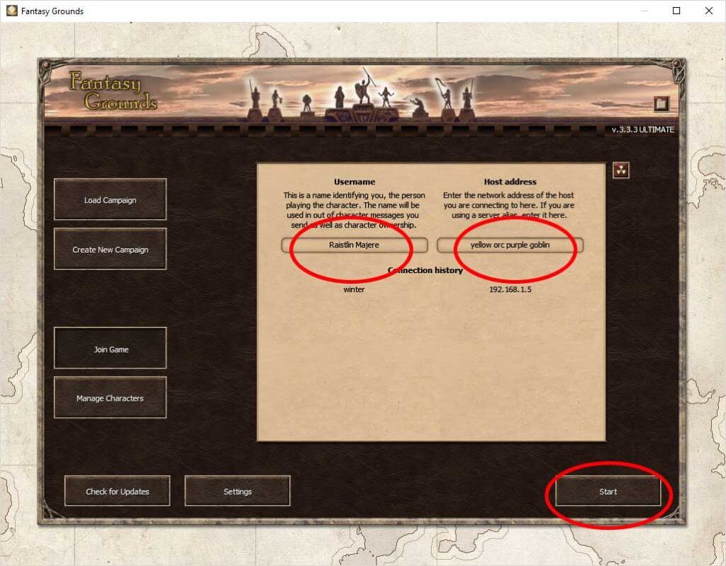 Connecting to GM Wintermute's Fantasy Ground Server 1 fg connect