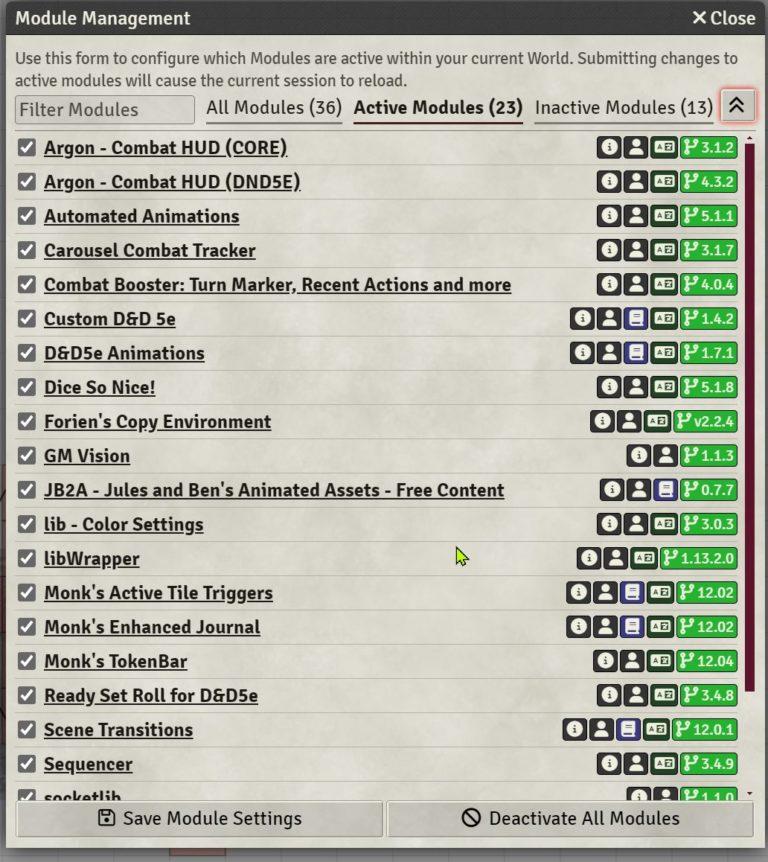 Foundry VTT 1 Current Module List